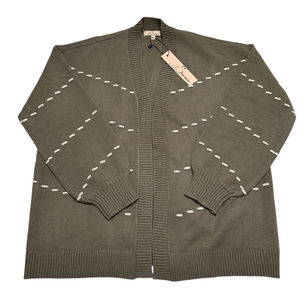 Les Serein Cardigan Sweater Womens L Olive Green Open Front‎ Knit Stitch Detail